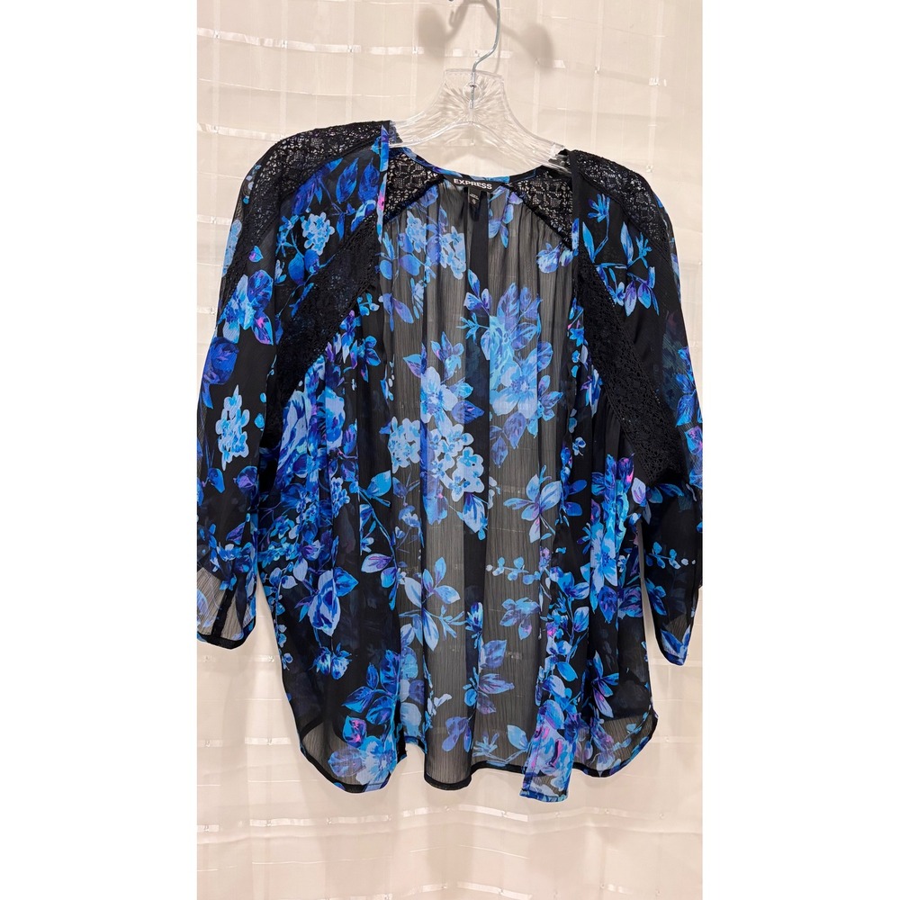 Express Floral Kimono Cardigan Blue Purple Lace Crochet Trim Sheer Chiffon XS